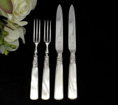 画像1: ヴィクトリアン 白蝶貝ハンドル 純銀/シルバープレート　デザートカトラリー2組セット (1)