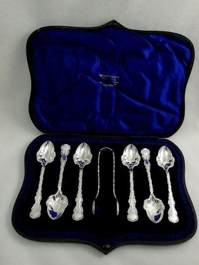 画像1: 純銀　1900年　ティースプーン6本 & シュガートングセット