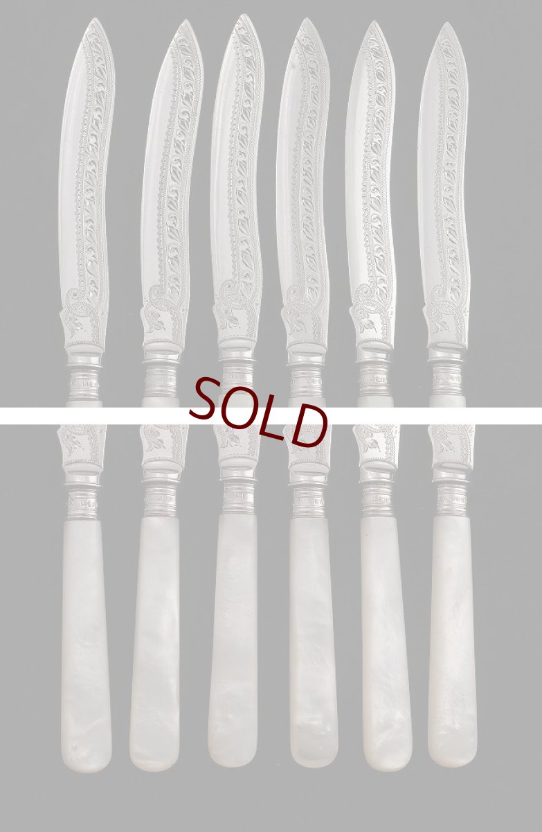 画像2: 1901年　純銀/シルバープレート 白蝶貝ハンドル デザートカトラリーセット (2)