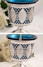 画像2: ヴィクトリアン ターコイズグラス 透かし細工 シュガーバスケット (2)