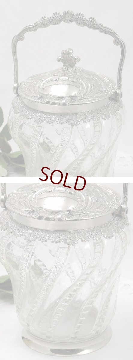 画像2: フランス製 シルバープレート 手ふきハンドカットガラス ビスケットジャー (2)