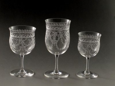 画像1: 特級品 ペア ヴィクトリアン アシッドエッチング クリスタル　デザートワイングラスセット　