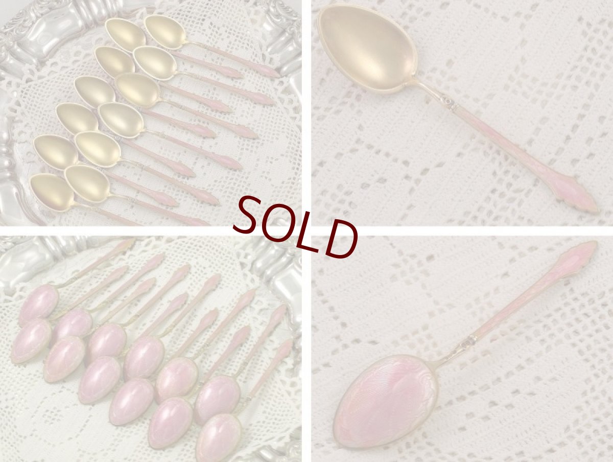 画像3: 1916年ロイヤルウスター金彩手描きブーケデミタスカップ＆ソーサー＆純銀金鍍金エナメルスプーン12組セット (3)