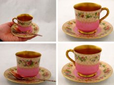 画像4: 1916年ロイヤルウスター金彩手描きブーケデミタスカップ＆ソーサー＆純銀金鍍金エナメルスプーン12組セット (4)