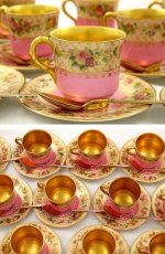 画像2: 1916年ロイヤルウスター金彩手描きブーケデミタスカップ＆ソーサー＆純銀金鍍金エナメルスプーン12組セット (2)