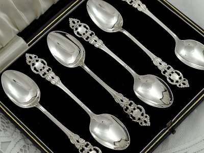 画像2: 純銀製（925）1902年　美しい透かし細工のティースプーン6本セット
