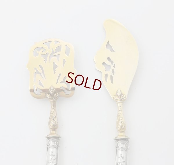 画像13: 1900年前後 アールヌーボー 純銀（950）ハンドル ギルディングブレード サービングカトラリー4点セット