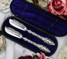 画像1: 純銀製（925）1875年 Martin, Hall & Co.  葡萄装飾　バターナイフ　ペアセット (1)