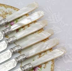 画像9: クロースプレート製　ヴィクトリア時代中期　 美手彫り　白蝶貝ハンドル　デザートカトラリー12組セット (9)