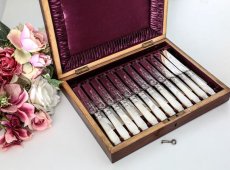 画像1: クロースプレート製　ヴィクトリア時代中期　 美手彫り　白蝶貝ハンドル　デザートカトラリー12組セット (1)