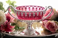 画像1: シルバープレート製　１９００年前後　クランベリーグラス　鋳金細工　シュガーバスケット (1)