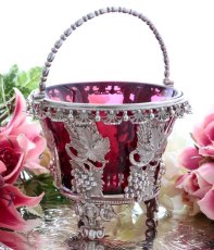 画像2: シルバープレート製　特級　美装飾　葡萄と葉のクランベリーグラス　シュガーバスケット (2)