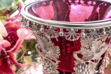 画像3: シルバープレート製　特級　美装飾　葡萄と葉のクランベリーグラス　シュガーバスケット (3)