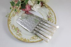 画像10: シルバープレート製　1900年前後　白蝶貝ハンドル　葉模様彫刻　デザートカトラリー６組セット (10)