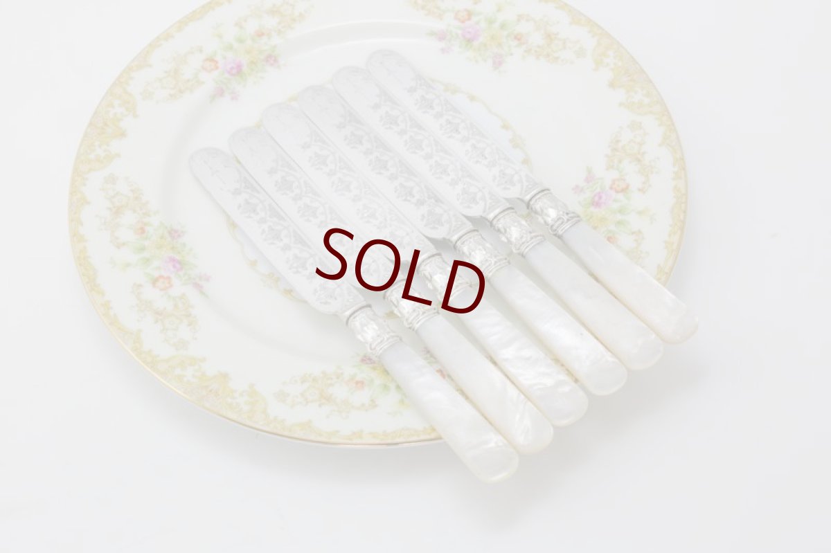 画像9: シルバープレート製　1900年前後　白蝶貝ハンドル　葉模様彫刻　デザートカトラリー６組セット (9)