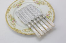 画像9: シルバープレート製　1900年前後　白蝶貝ハンドル　葉模様彫刻　デザートカトラリー６組セット (9)