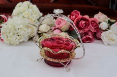 画像1: シルバープレート製　お花のハンドル　フリル付きクランベリー＆イエローグラス　シュガーバスケット (1)