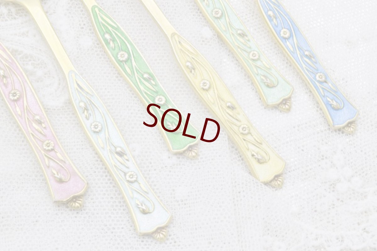 画像3: 純銀製（925）1956年　アールヌーボーデザイン　金鍍金　エナメルコーヒースプーン6本セット (3)