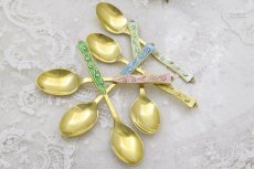 画像4: 純銀製（925）1956年　アールヌーボーデザイン　金鍍金　エナメルコーヒースプーン6本セット (4)