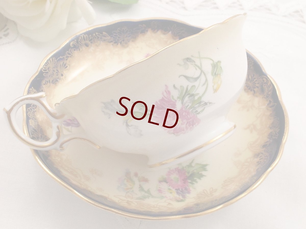 画像3: 1912-39年 ハマーズレイ コバルトブルー 金彩 草花のブーケ トリオセット (3)