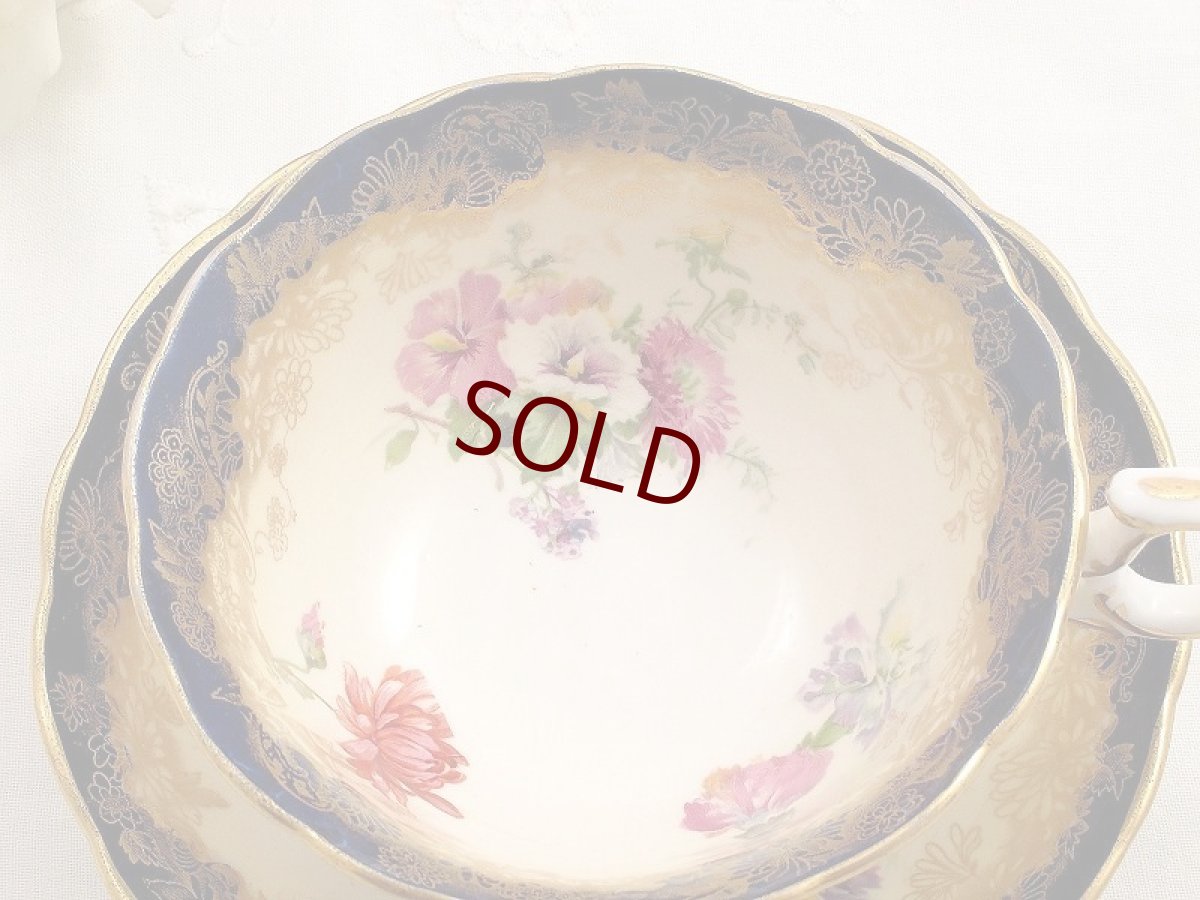 画像4: 1912-39年 ハマーズレイ コバルトブルー 金彩 草花のブーケ トリオセット (4)