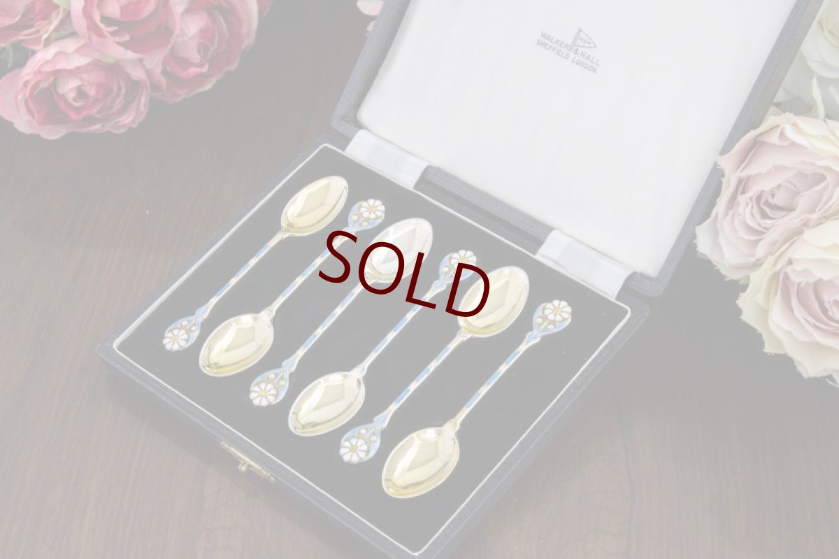 画像1: 純銀製(925)ヴィンテージシルバー 1953年お花のエナメル　金鍍金　スプーン6本セット (1)