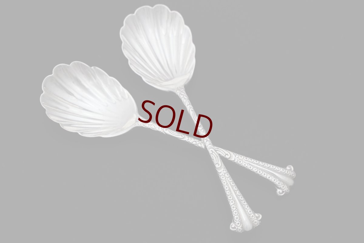 画像2: アンティークシルバー 純銀製(925) 手彫りハンドル 貝の形のボウル ペア ジャムスプーンセット (2)