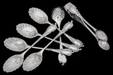 画像1: アンティークシルバー 純銀製(925) ロココ風 貝のボウル ティースプーン 6本＆シュガートングセット (1)