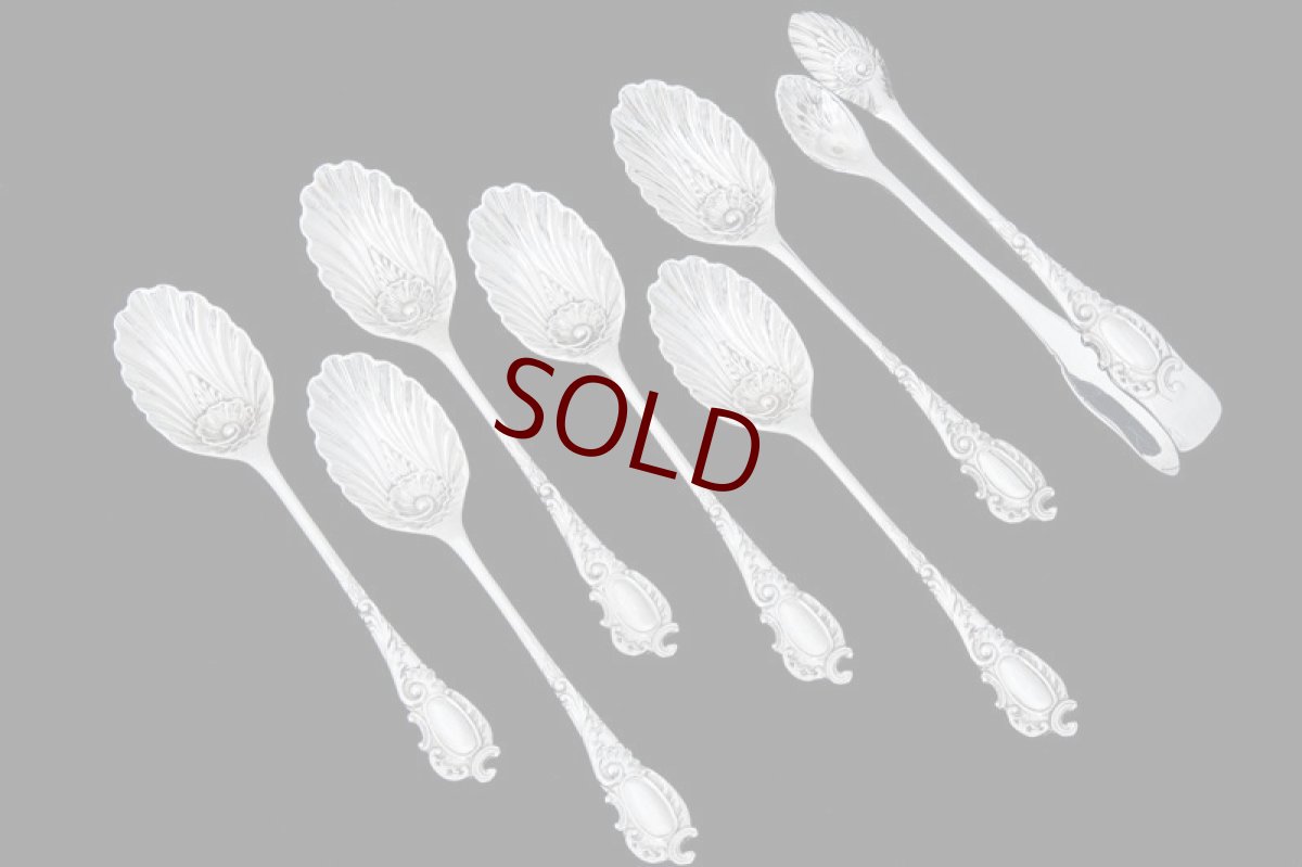 画像2: アンティークシルバー 純銀製(925) ロココ風 貝のボウル ティースプーン 6本＆シュガートングセット (2)
