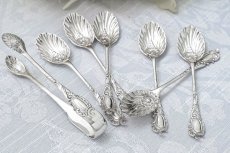 画像4: アンティークシルバー 純銀製(925) ロココ風 貝のボウル ティースプーン 6本＆シュガートングセット (4)
