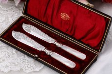 画像1: シルバープレート製 アンティークシルバー 1897年以前　白蝶貝 美装飾 バターナイフ ペアセット (1)