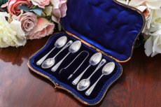 画像1: 純銀製(925)　アンティークシルバー 1898年　ブライトカットハンドル　シェル型ボウル　ティースプーン6本、シュガートングセット (1)