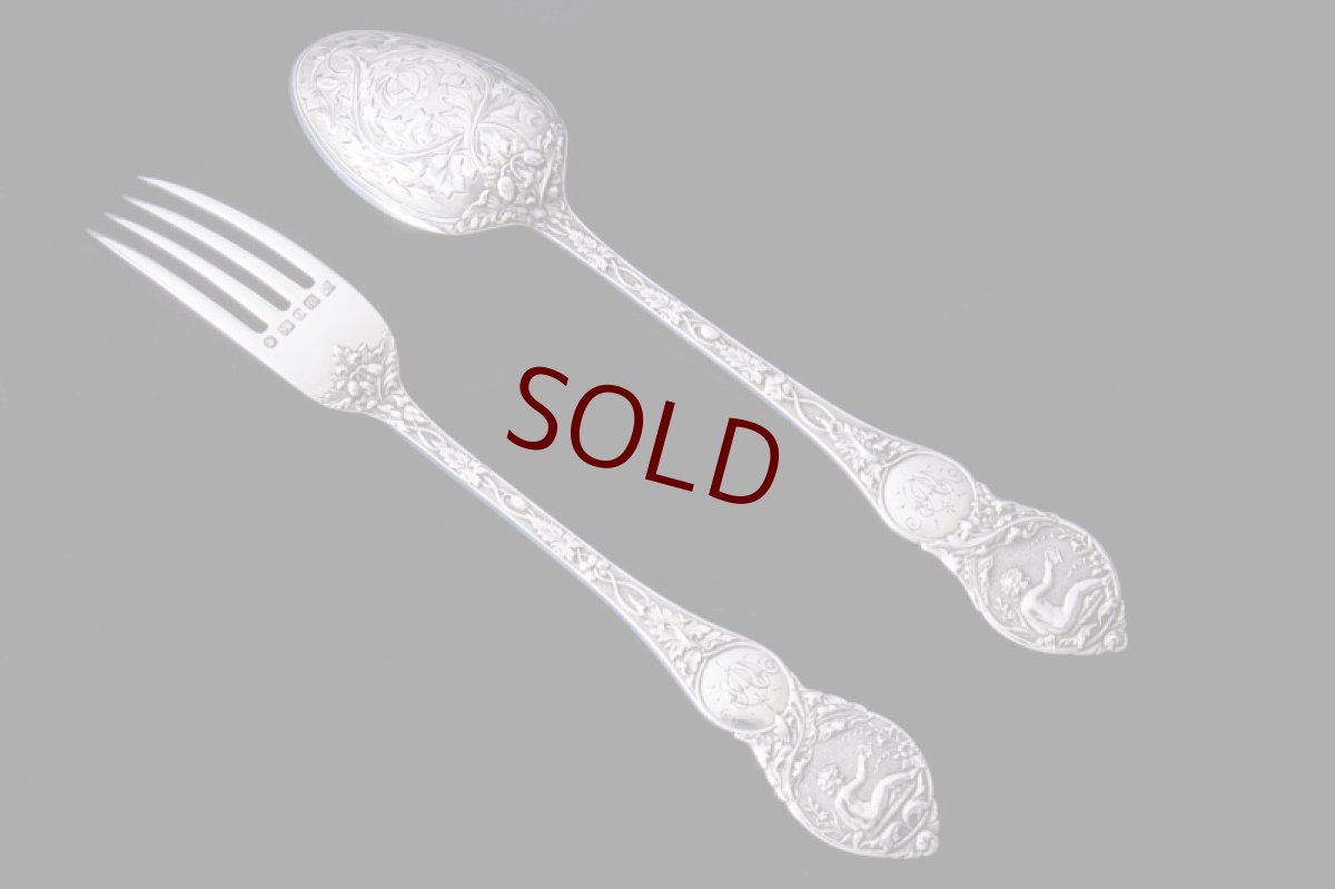 画像1: アンティークシルバー、純銀製（925）1881年  クリスニング　チャイルド　カトラリーセット (1)