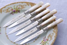 画像3: アンティークシルバー、純銀製（925）1902年　白蝶貝ハンドル　お花と葉模様の手彫り装飾　ティーナイフ6本セット　 (3)