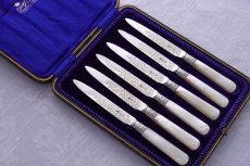 画像1: アンティークシルバー、純銀製（925）1902年　白蝶貝ハンドル　お花と葉模様の手彫り装飾　ティーナイフ6本セット　 (1)