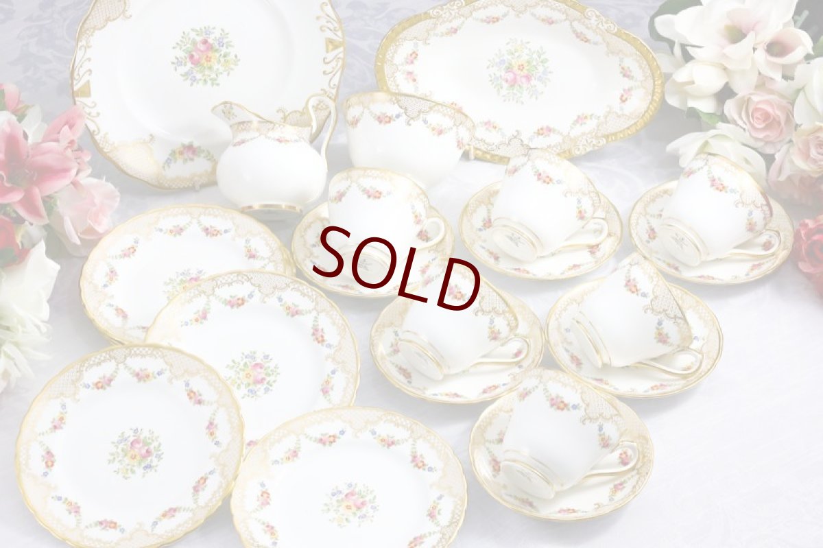 画像1: ヴィンテージ陶磁器 ニューチェルシー 1950-60年代 手描き 金彩 お花と薔薇のガーランド 22pc　ティーセット (1)