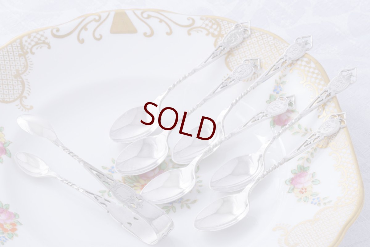 画像4: アンティークシルバー 純銀製（925）1912年 透かしとねじりハンドル ティースプーン 6本 & シュガートングセット  (4)