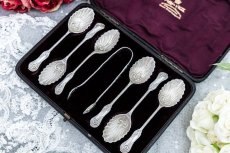 画像1: アンティークシルバー、純銀製（925）1893年 マッピン＆ウェッブシェル型　ティースプーン6本＆シュガートング セット (1)