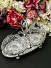 画像1: アンティークシルバー、アンティーク銀器、シルバープレート　花びらのような美しいカットグラス　ダブルジャムディッシュ (1)