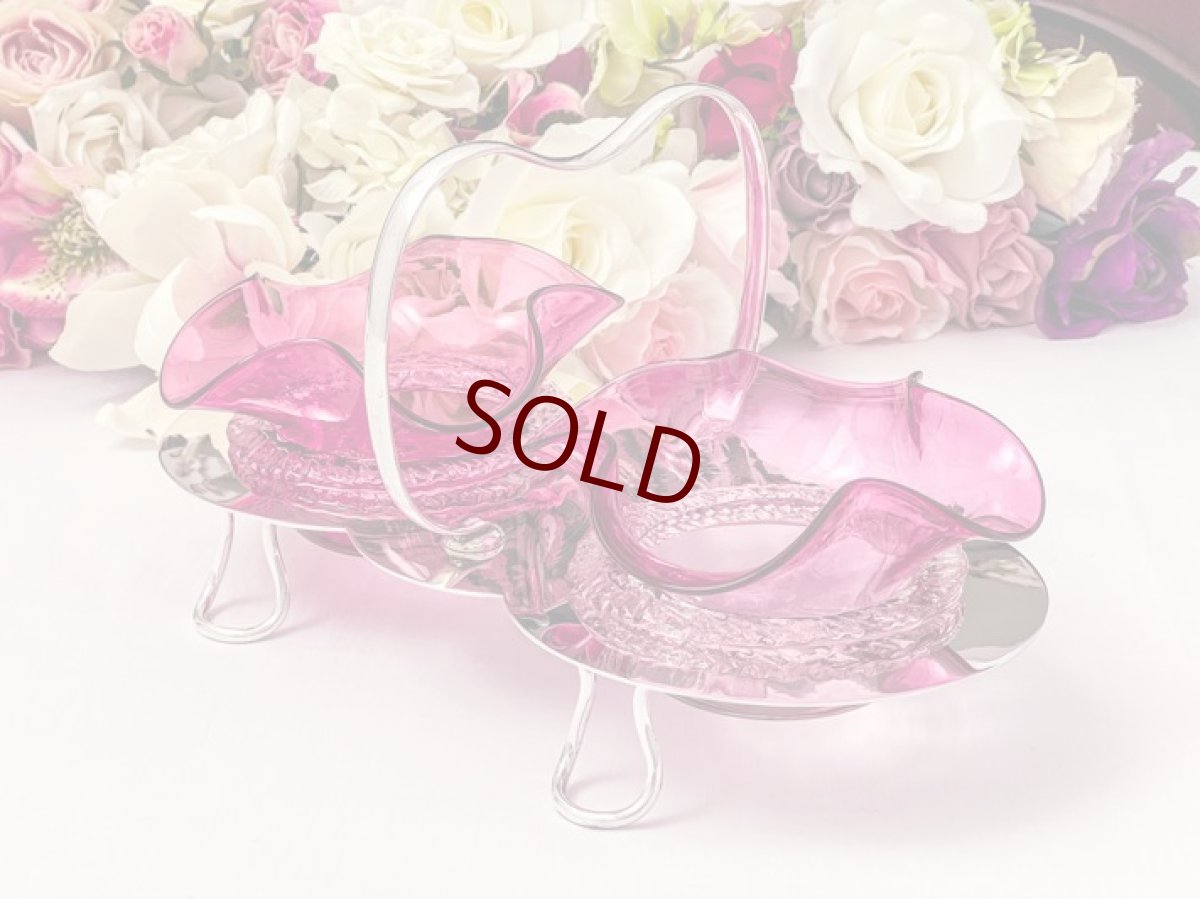 画像2: アンティークシルバー、アンティーク銀器、シルバープレート　花びらのような美しいクランベリーグラス　ダブルジャムディッシュ (2)