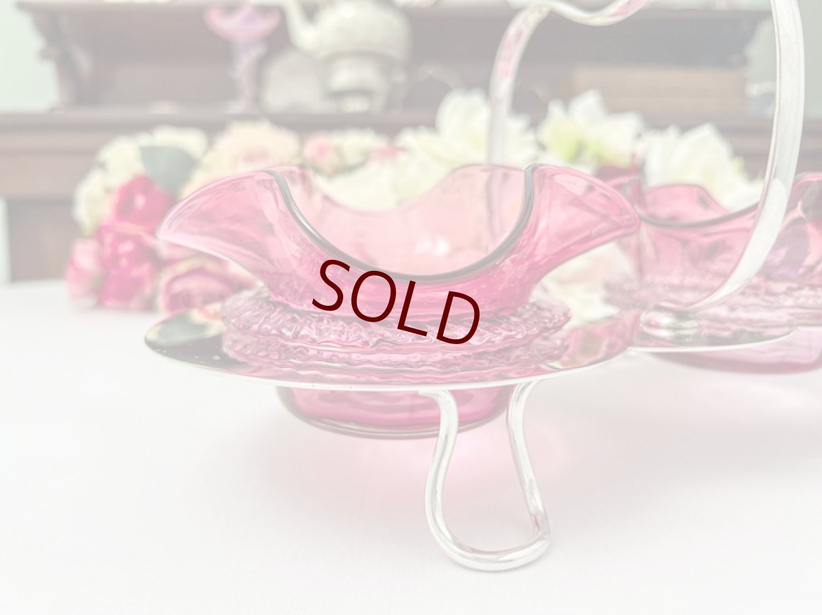 画像3: アンティークシルバー、アンティーク銀器、シルバープレート　花びらのような美しいクランベリーグラス　ダブルジャムディッシュ (3)