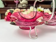 画像3: アンティークシルバー、アンティーク銀器、シルバープレート　花びらのような美しいクランベリーグラス　ダブルジャムディッシュ (3)