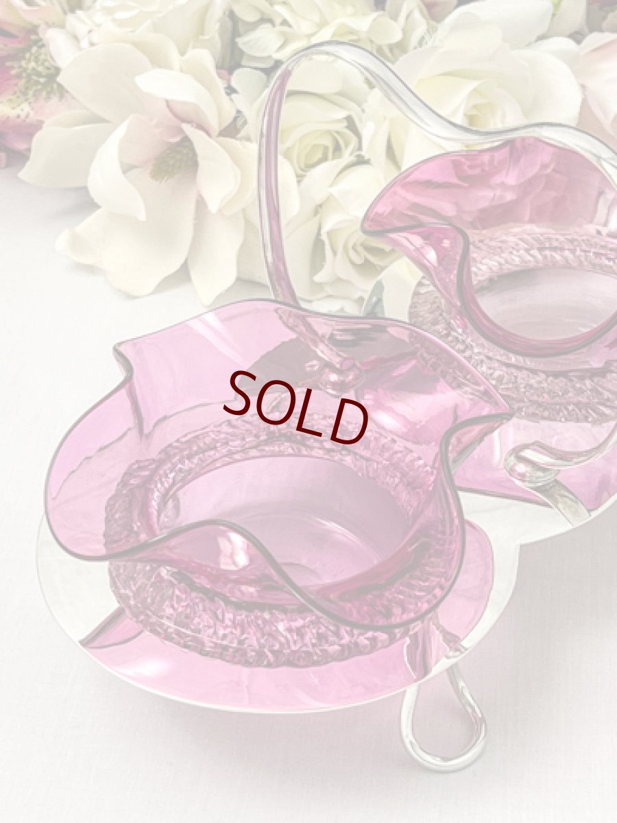 画像4: アンティークシルバー、アンティーク銀器、シルバープレート　花びらのような美しいクランベリーグラス　ダブルジャムディッシュ (4)