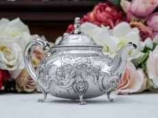 画像2: アンティークシルバー、アンティーク銀器、純銀製（925）1853年 ロココスタイル 薔薇、お花、エンジェルの彫刻　バチェラーサイズ　ティーポット (2)