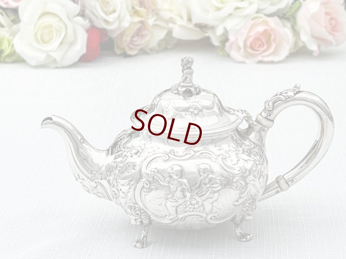 画像4: アンティークシルバー、アンティーク銀器、純銀製（925）1853年 ロココスタイル 薔薇、お花、エンジェルの彫刻　バチェラーサイズ　ティーポット (4)