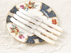 画像1: アンティークシルバー、アンティーク銀器、純銀製（925）1912年　白蝶貝ハンドル　スクロールの手彫り彫刻　ティーナイフ4本セット (1)