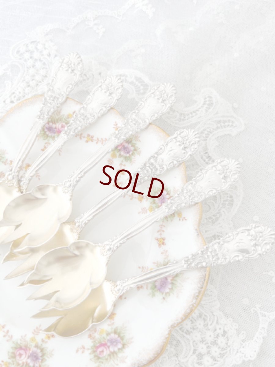 画像1: アンティークシルバー、アンティーク銀器、純銀(925)  アメリカ製 1900年前後 金鍍金ボウル　デザート/オードブルフォークセット (1)