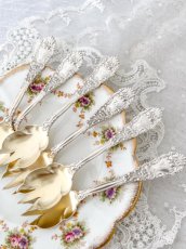 画像1: アンティークシルバー、アンティーク銀器、純銀(925)  アメリカ製 1900年前後 金鍍金ボウル　デザート/オードブルフォークセット (1)