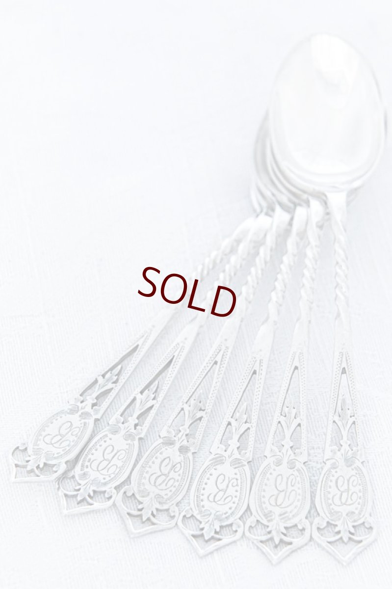 画像4: アンティークシルバー 純銀製（925）1912年 透かしとねじりハンドル ティースプーン 6本 セット  (4)