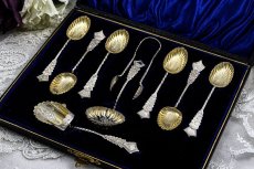 画像1: アンティークシルバー、アンティーク銀器、純銀製(925) パーシャルギルト シェル型ボウル スプーン、シュガートング、シフター、ティーキャディースプーンセット (1)